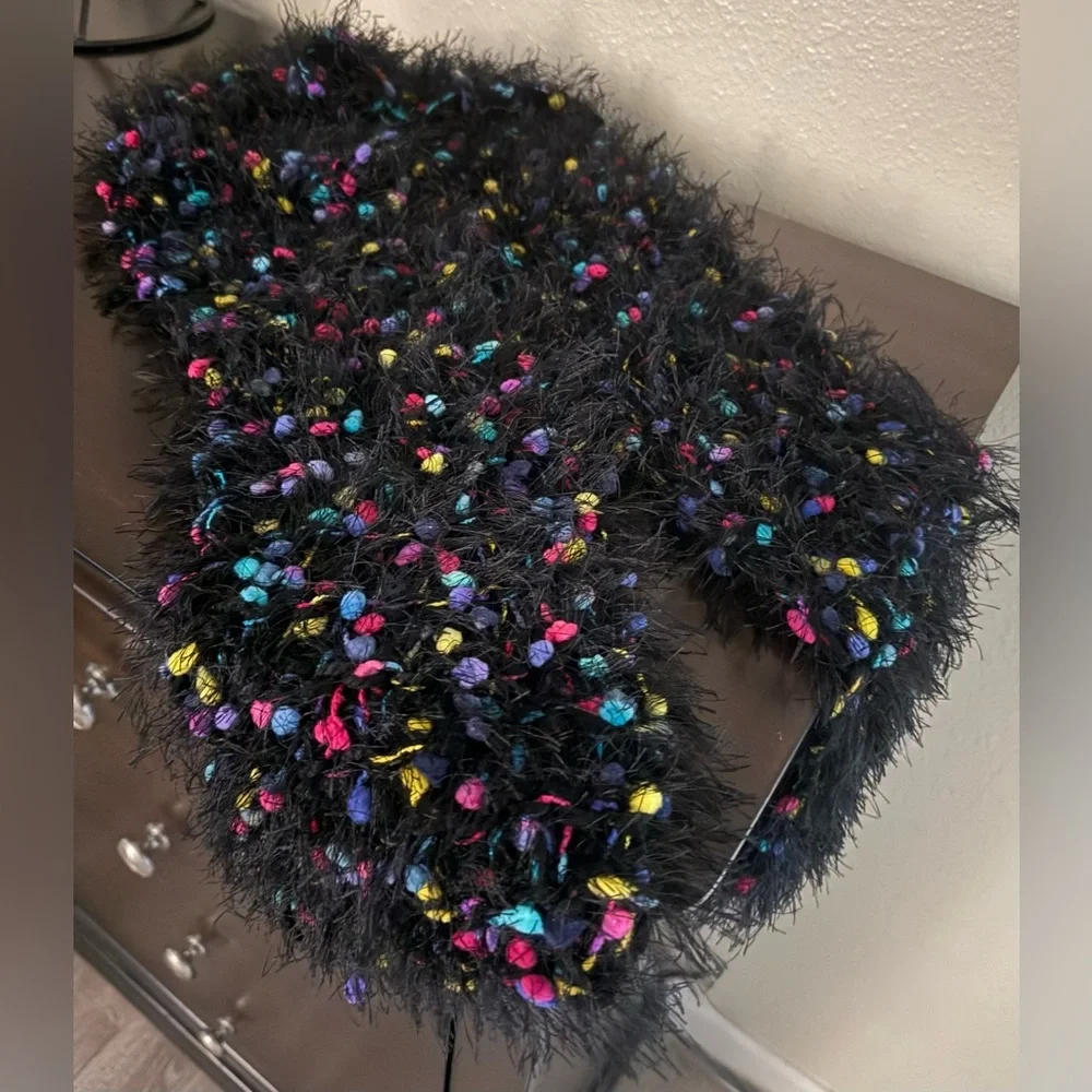 Colorful Fuzzy Knit Scarf Black Confetti Texture Soft Cozy Wrap